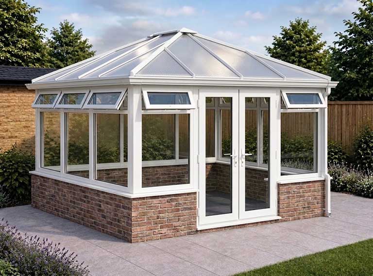 Edwardian Hipped style conservatory with a polycarbonate roof & Dwarf Wall